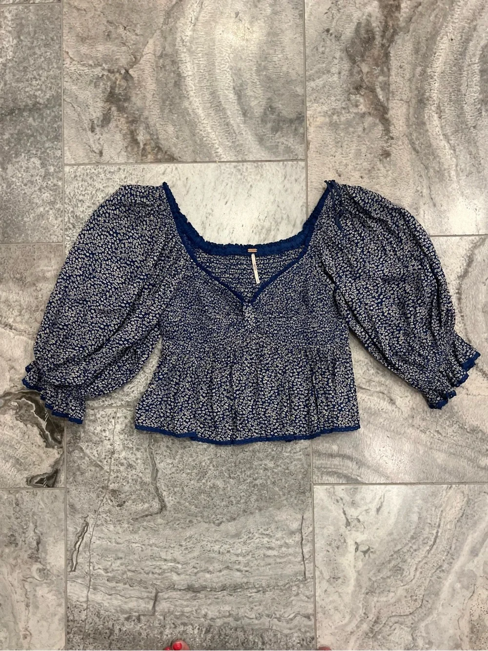 Free People Navy Blue Floral Puff Sleeve Crop Top